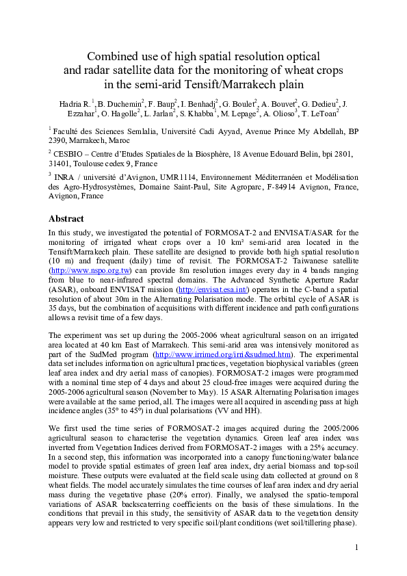 (PDF) Combined use of high spatial resolution optical and radar ...