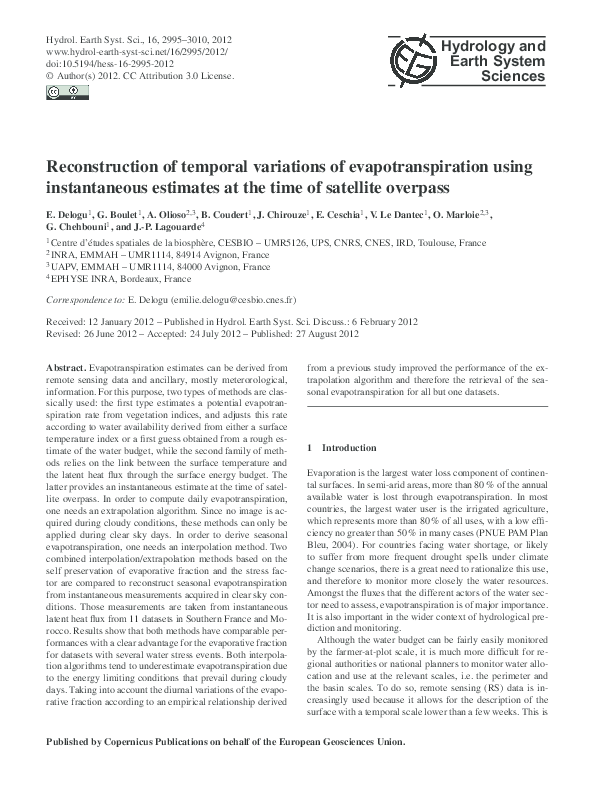 (PDF) Reconstruction of temporal variations of evapotranspiration using ...