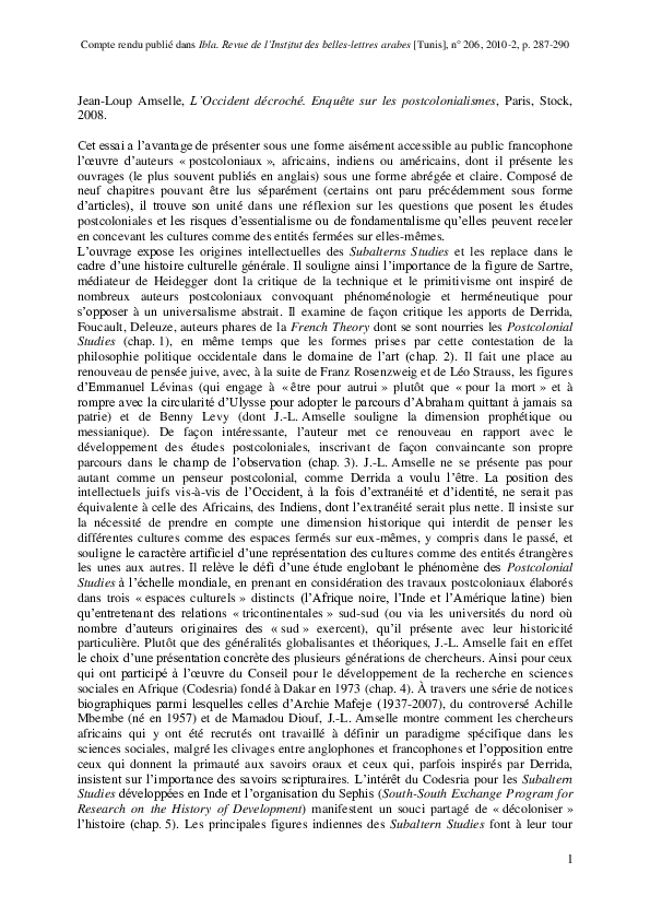 JeanLoup Amselle, L’Occident décroché. Enquête sur les