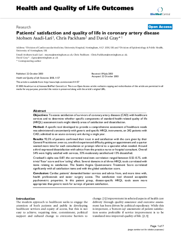 (PDF) Patients' satisfaction and quality of life in coronary artery disease