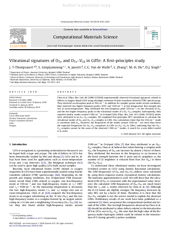 (PDF) Vibrational signatures of OTe and OTe–VCd in CdTe: A first ...