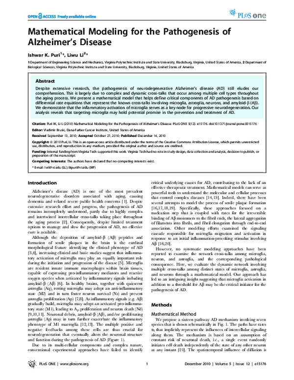 (PDF) Mathematical Modeling for the Pathogenesis of Alzheimer's Disease