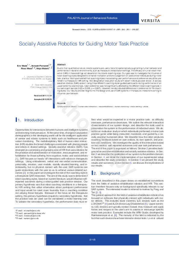(PDF) Socially Assistive Robotics for Guiding Motor Task Practice