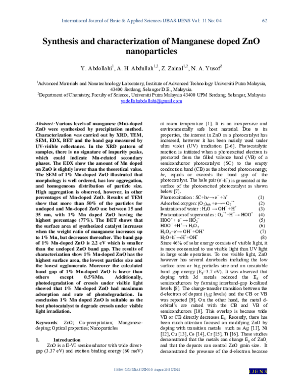 (PDF) Synthesis and characterization of Manganese doped ZnO nanoparticles