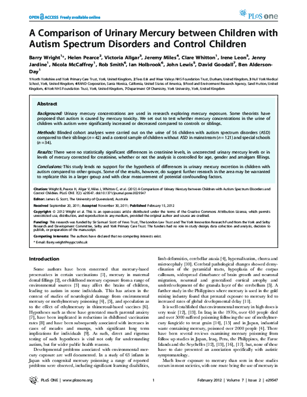 (PDF) A Comparison of Urinary Mercury between Children with Autism ...
