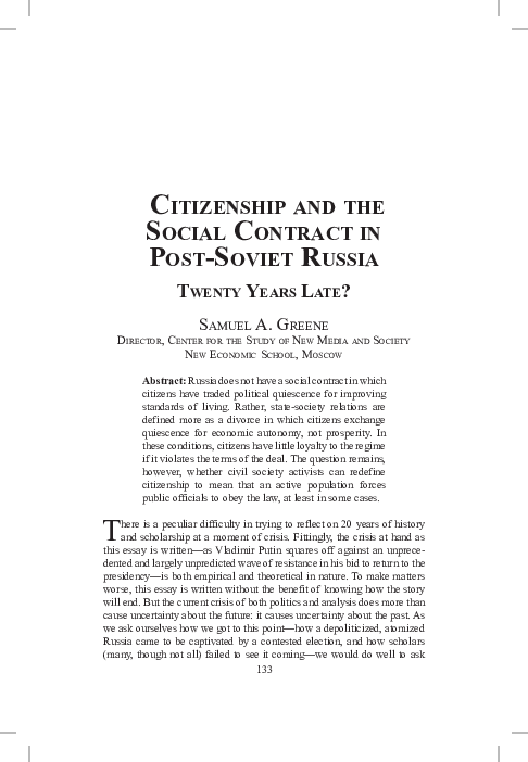 (PDF) Citizenship and the Social Contract in Post-Soviet Russia: Twenty ...