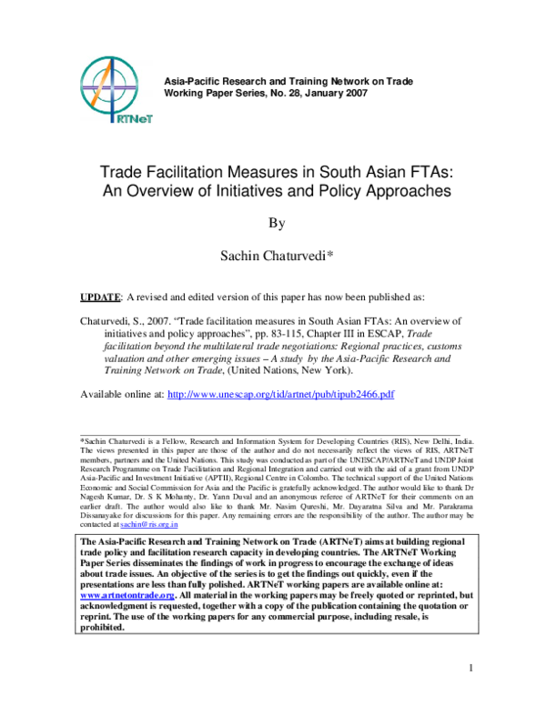(PDF) Trade facilitation measures in South Asian FTAs: An overview of ...