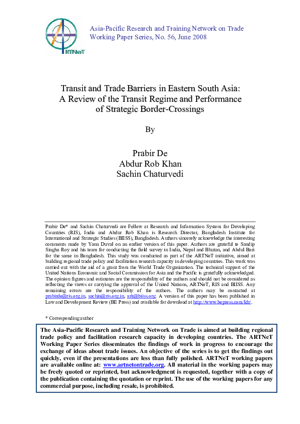 (PDF) Transit and trade barriers in Eastern South Asia: A review of the ...