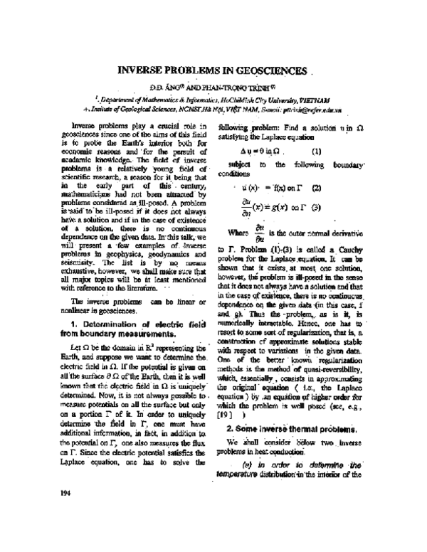 (PDF) Inverse problem in Geosciences