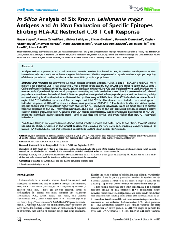 (PDF) In silico analysis of six known Leishmania major antigens and in ...