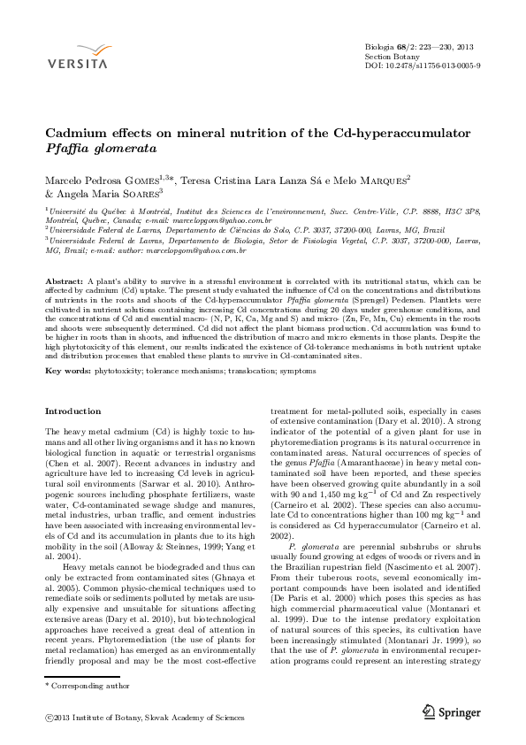 (PDF) Cadmium effects on mineral nutrition of the Cdhyperaccumulator