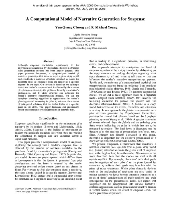 PDF) A computational model of narrative generation for suspense