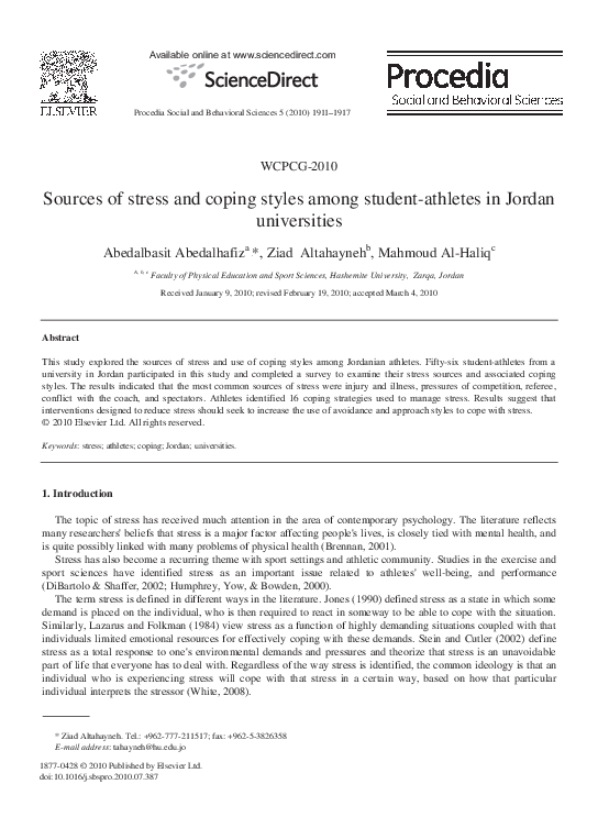 (PDF) Sources of stress and coping styles among student-athletes in ...