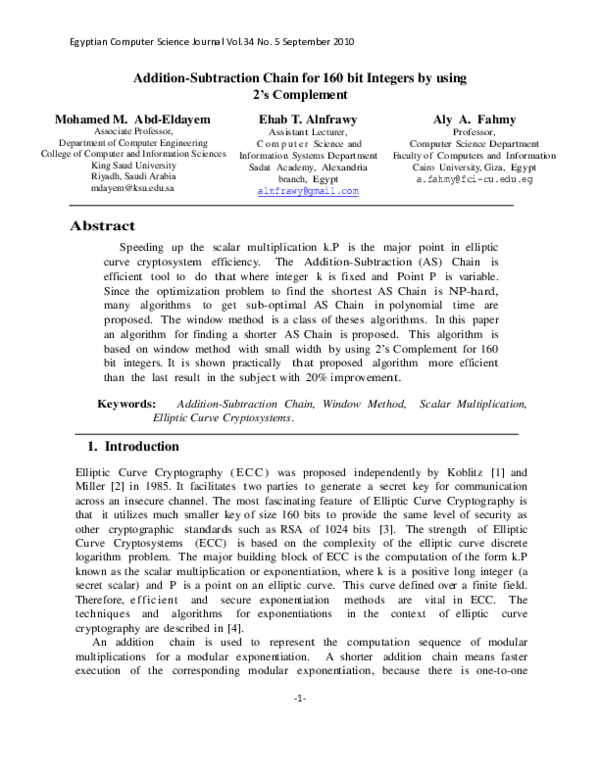 (PDF) Addition-Subtraction Chain for 160 bit Integers by using 2's ...
