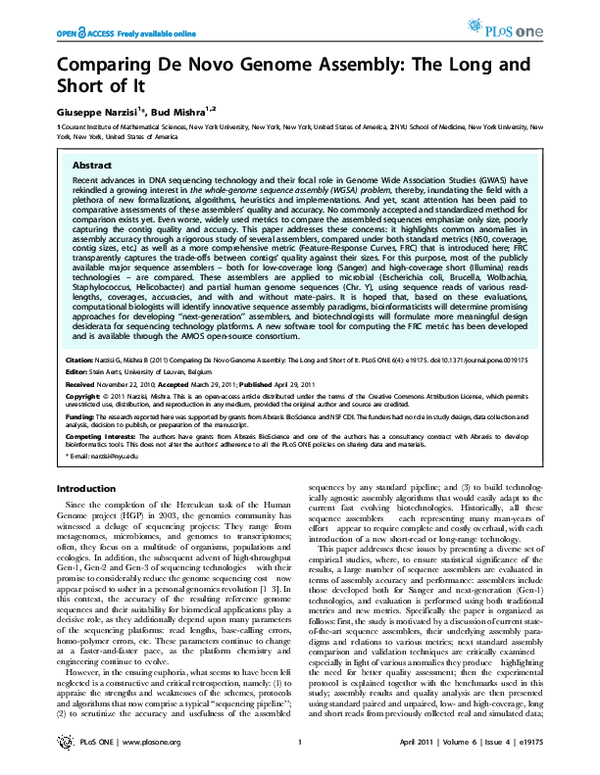 (PDF) Comparing de novo genome assembly: The long and short of it