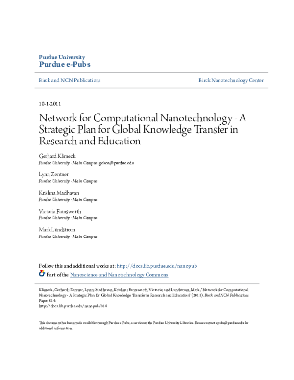 (PDF) Network for Computational Nanotechnology-a strategic plan for ...