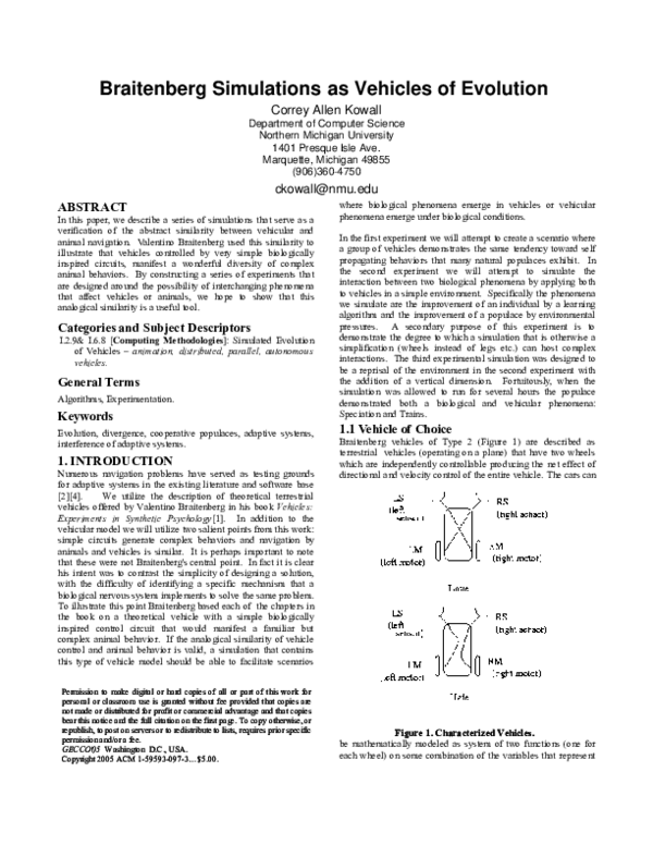 (PDF) Braitenberg simulations as vehicles of evolution Correy Kowall