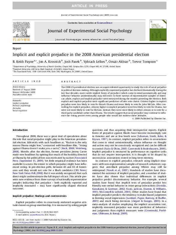 (PDF) Implicit and explicit prejudice in the 2008 American presidential ...