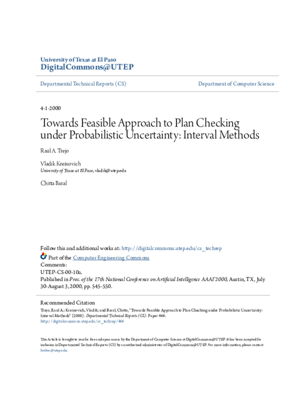Pdf Towards Feasible Approach To Plan Checking Under Probabilistic Uncertainty Interval Methods Chitta Baral Academia Edu