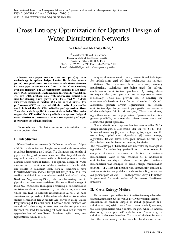 (PDF) Cross Entropy Optimization for Optimal Design of Water ...