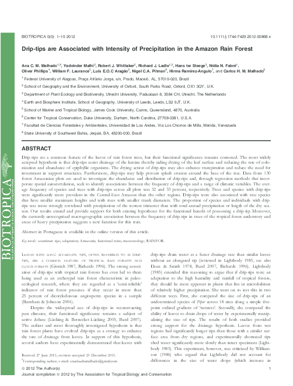 (PDF) Drip‐tips are Associated with Intensity of Precipitation in the