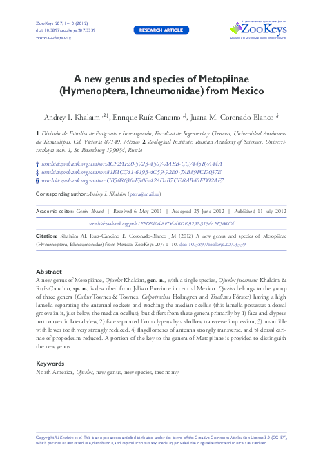 (PDF) A new genus and species of Metopiinae (Hymenoptera, Ichneumonidae ...