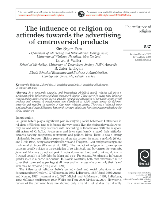 (PDF) The influence of religion on attitudes towards the advertising of ...