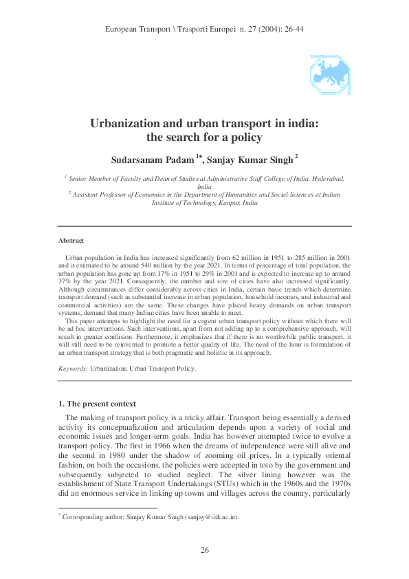 (PDF) Urbanization and Urban Transport in India The Search for a Policy