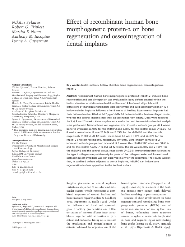 (PDF) Effect of recombinant human bone morphogenetic protein-2 on bone