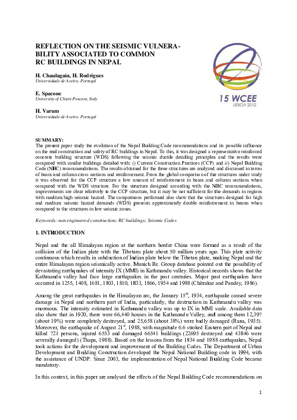 First page of “Reflection of the seismic vulnerability associated to common RC buildings in Nepal”