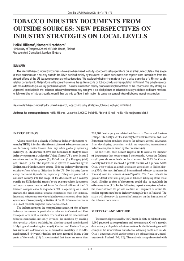 (PDF) TOBACCO INDUSTRy DOCUMENTS FROM OUTSIDE SOURCES NEW PERSPECTIVES