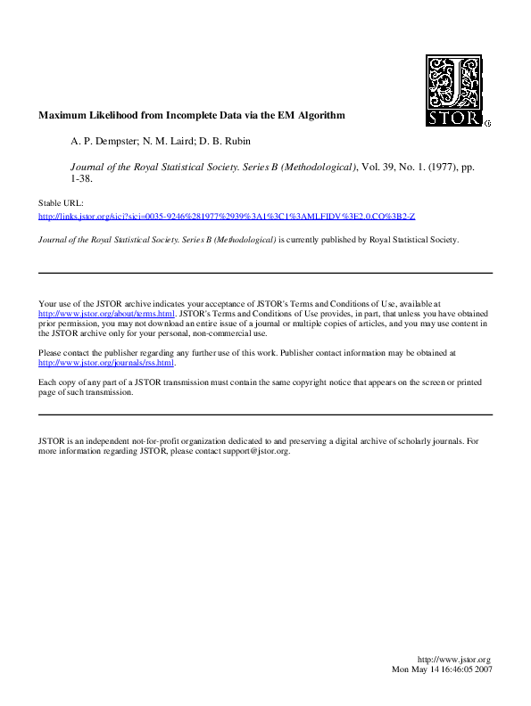 (PDF) Maximum likelihood from incomplete data via the em algorithm