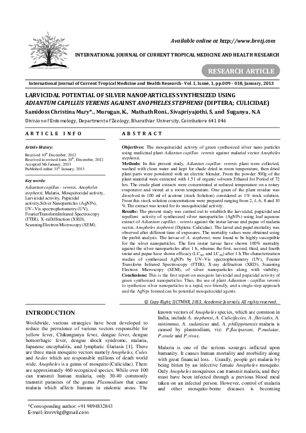 (PDF) LARVICIDAL POTENTIAL OF SILVER NANOPARTICLES SYNTHESIZED USING ...