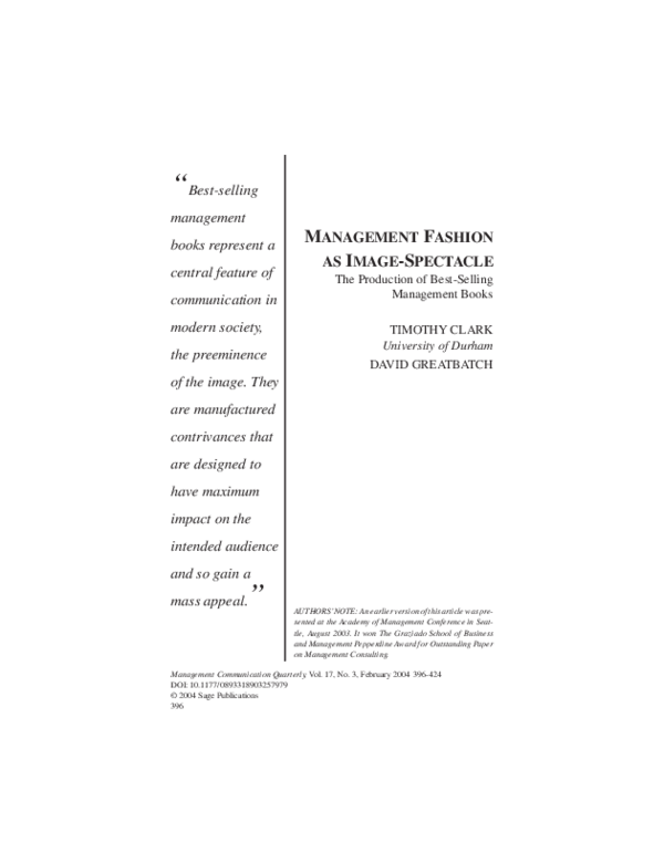(PDF) Management Fashion as ImageSpectacle The Production of BestSelling Management Books