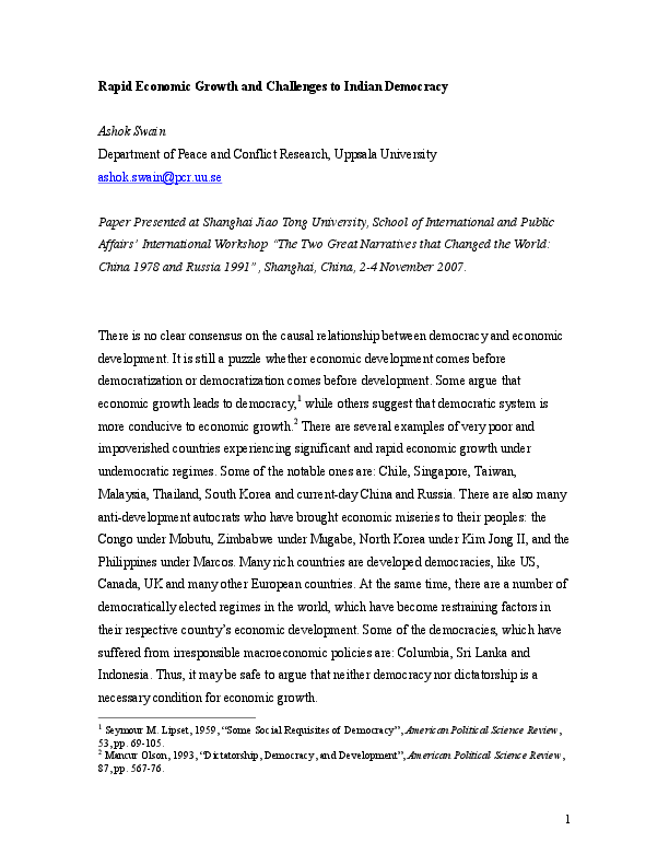 (PDF) Rapid Economic Growth and Challenges to Indian Democracy Ashok Swain Academia.edu