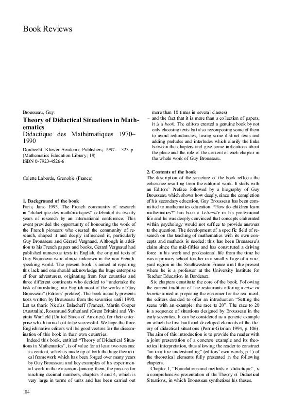 Theory of Didactical Situations in Mathematics: Didactique des mathématiques, 1970-1990