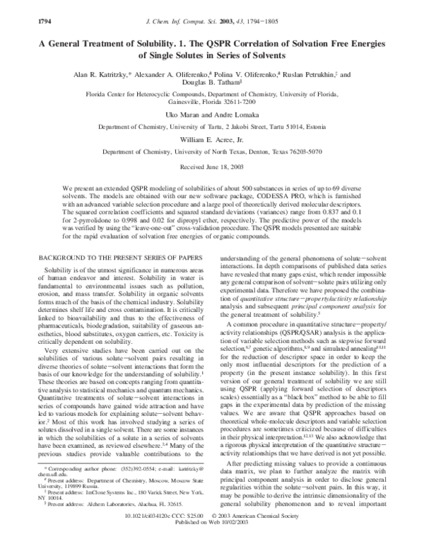 (PDF) A general treatment of solubility. 1. The QSPR correlation of