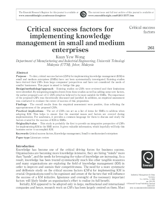 (PDF) Critical success factors for implementing knowledge management in ...