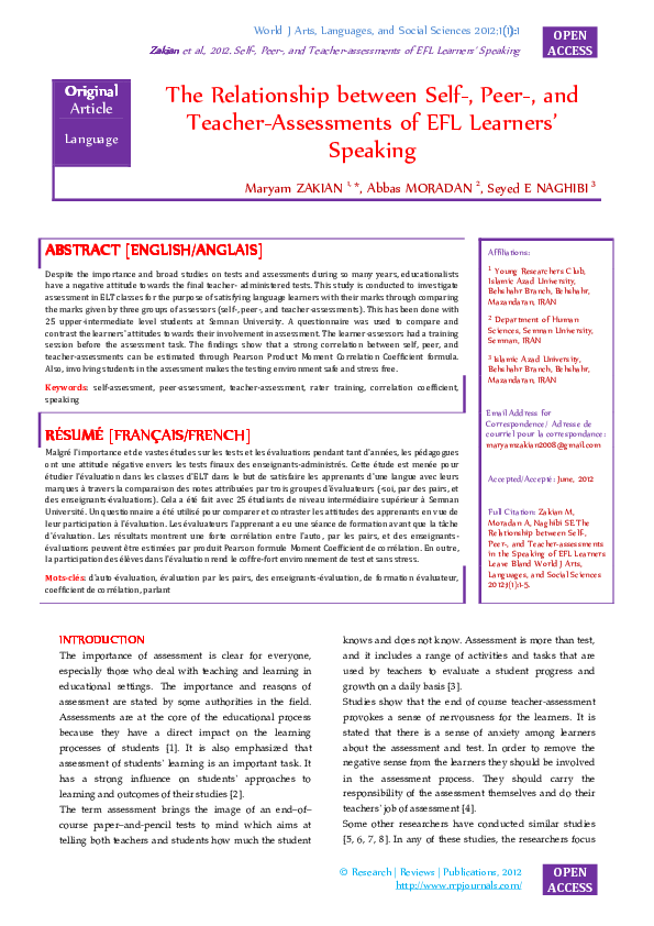 (PDF) The Relationship between Self Peer and Teacher-Assessments of EFL ...