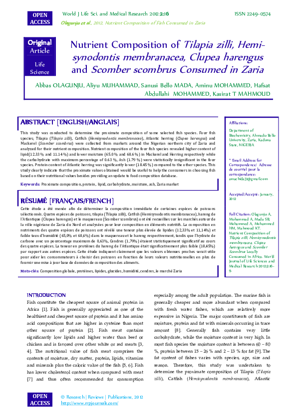 Pdf Nutrient Composition Of Tilapia Zilli Hemi Synodontis Membranacea Clupea Harengus And Scomber Scombrus Consumed In Zaria Rrp Journals Academia Edu