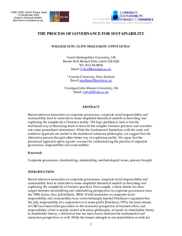 (PDF) THE PROCESS OF GOVERNANCE FOR SUSTAINABILITY