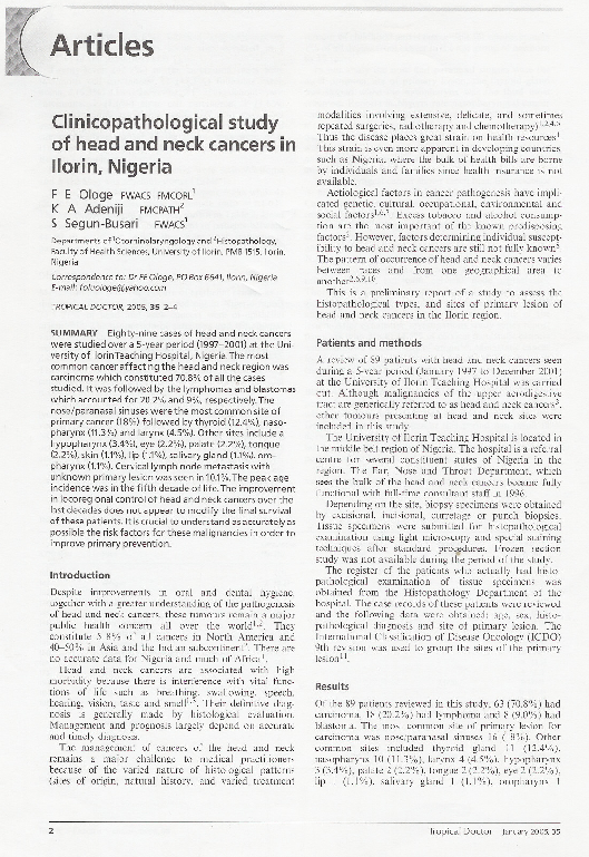 (PDF) Clinicopathological study of head and neck cancers in Ilorin, Nigeria
