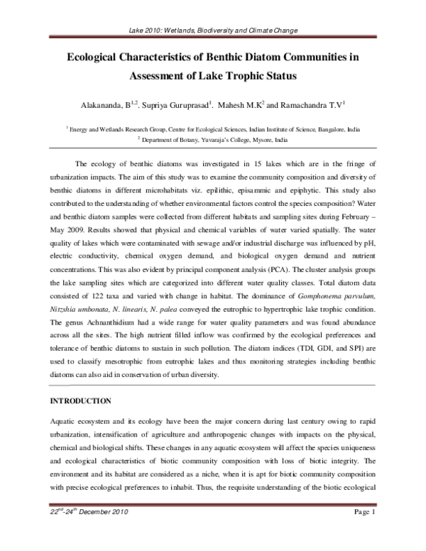 (PDF) Ecological Characteristics of Benthic Diatom Communities in ...