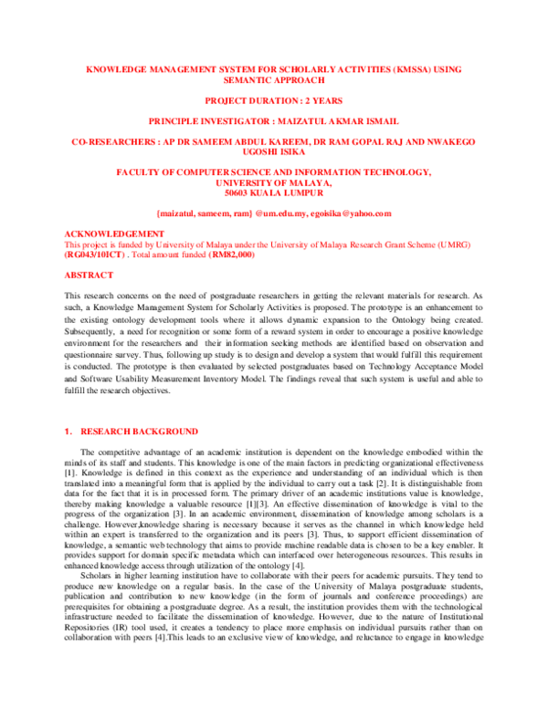 (PDF) KNOWLEDGE MANAGEMENT SYSTEM FOR SCHOLARLY ACTIVITIES (KMSSA ...