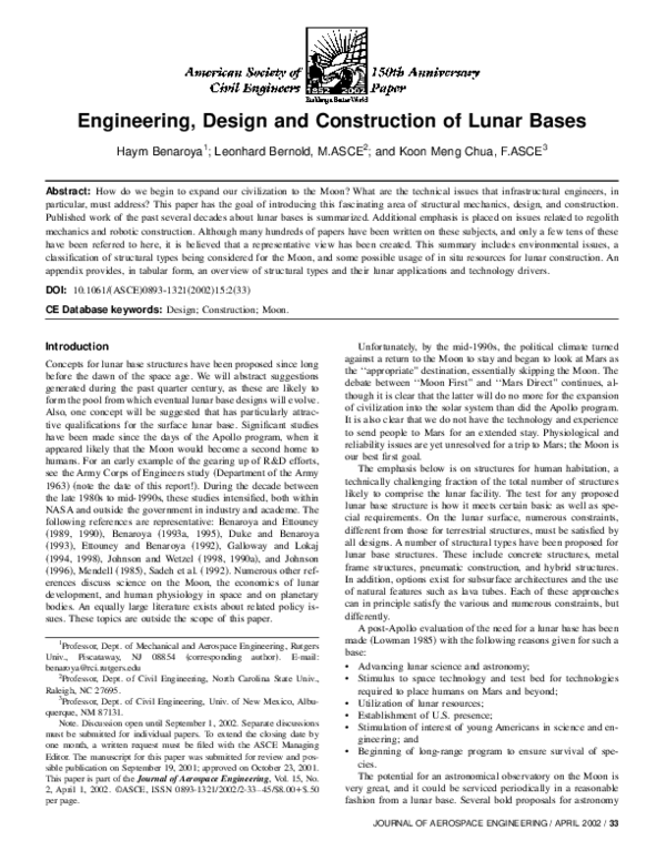 (PDF) Engineering, design and construction of lunar bases