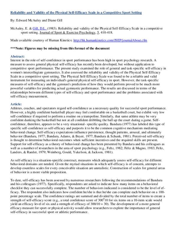 (PDF) Reliability and validity of the physical selfefficacy scale in a
