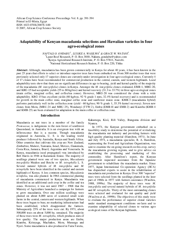 (PDF) Adaptability of Kenyan macadamia selections and Hawaiian