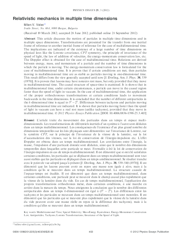 (PDF) Relativistic mechanics in multiple time dimensions Milen Velev