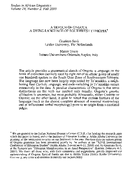  PDF with G Sav A Sketch Of Ongota A Dying Language Of Southwest Ethiopia Mauro Tosco 