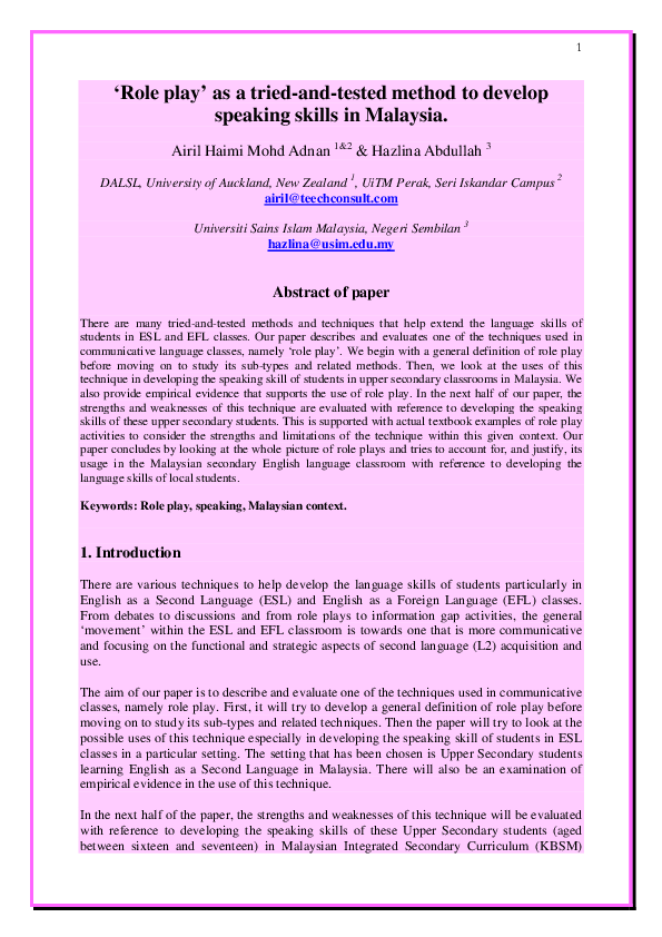(PDF) ‘Role play’ as a tried-and-tested method to develop speaking ...
